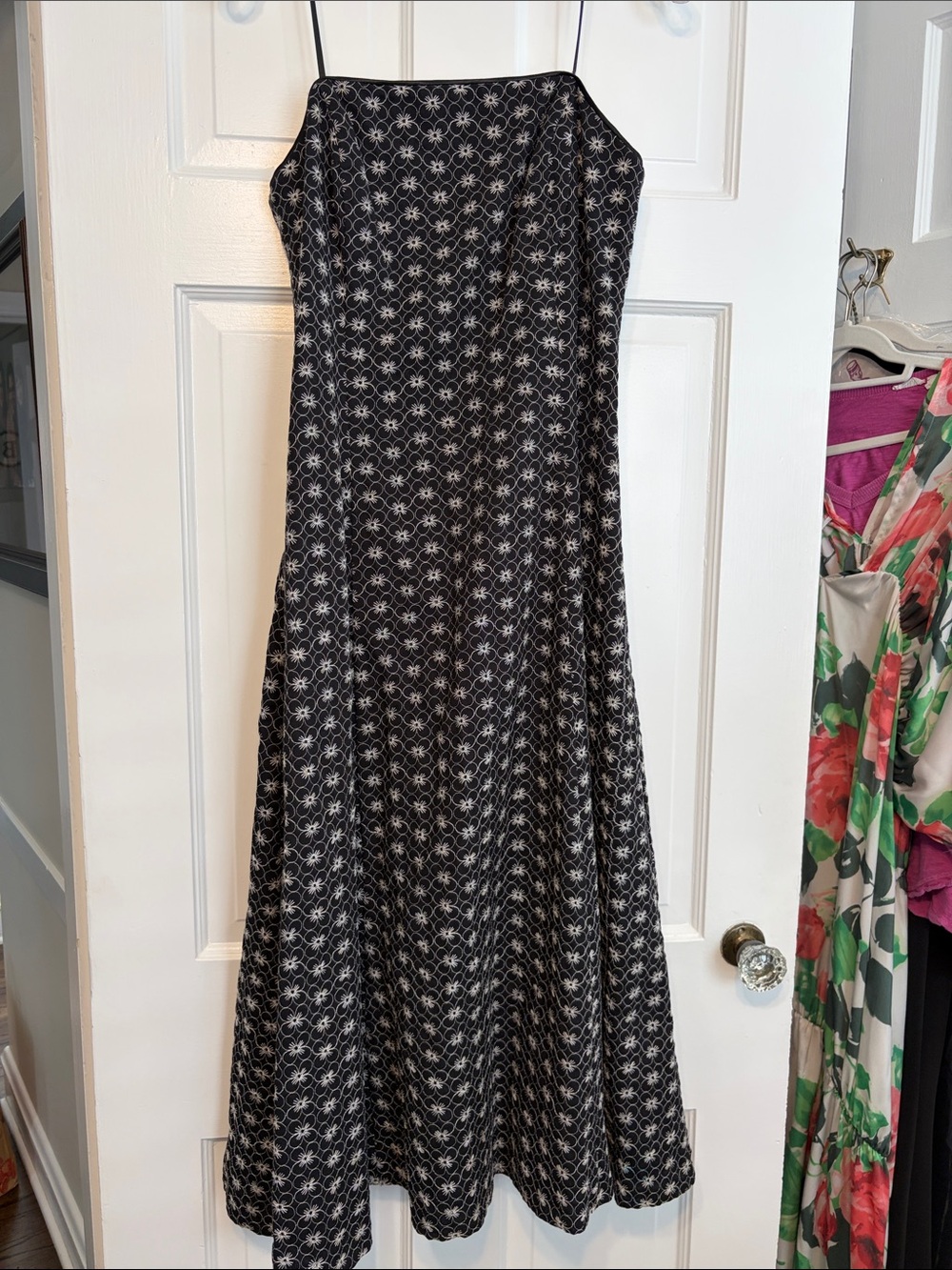 Womens Black and white Floral embroidered strapless midi Dress